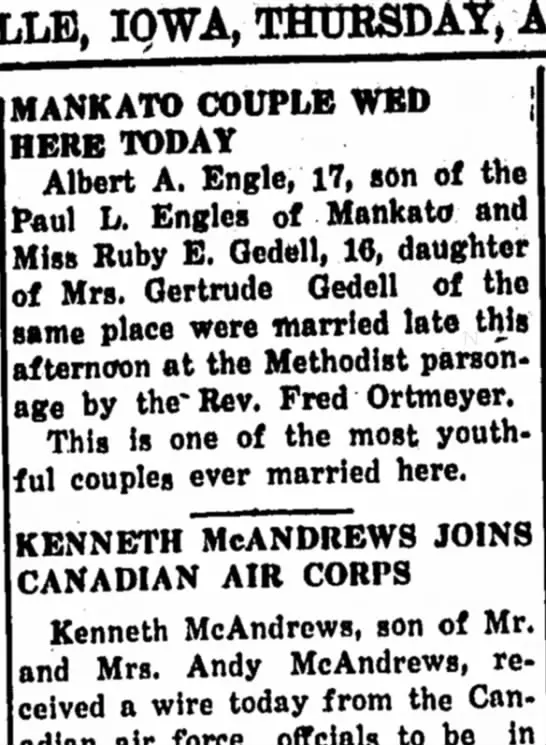 Engle Genealogy - Engle & Gedell Marriage Announcement