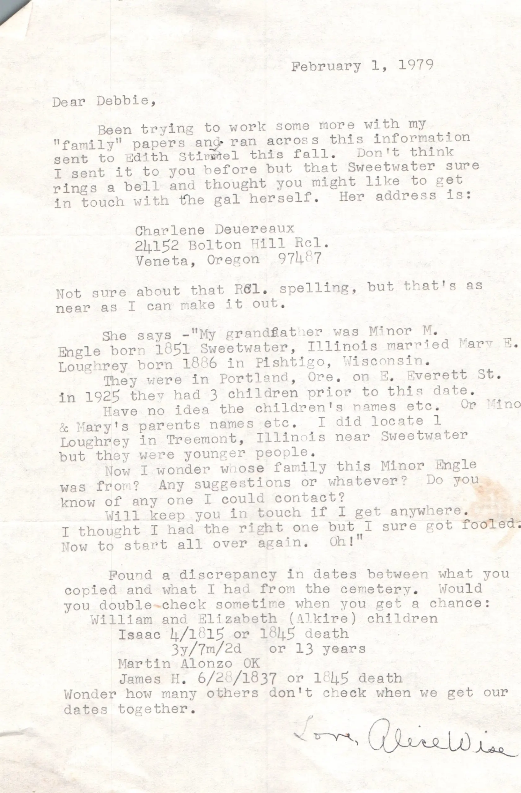 Engle Genealogy - Alice Wise Letter 1979