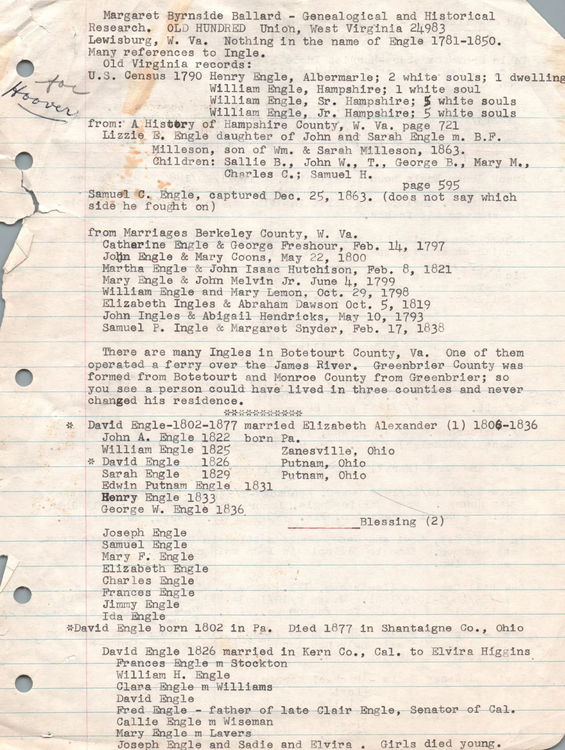 Engle Genealogy - Alice Wise Engle Notes