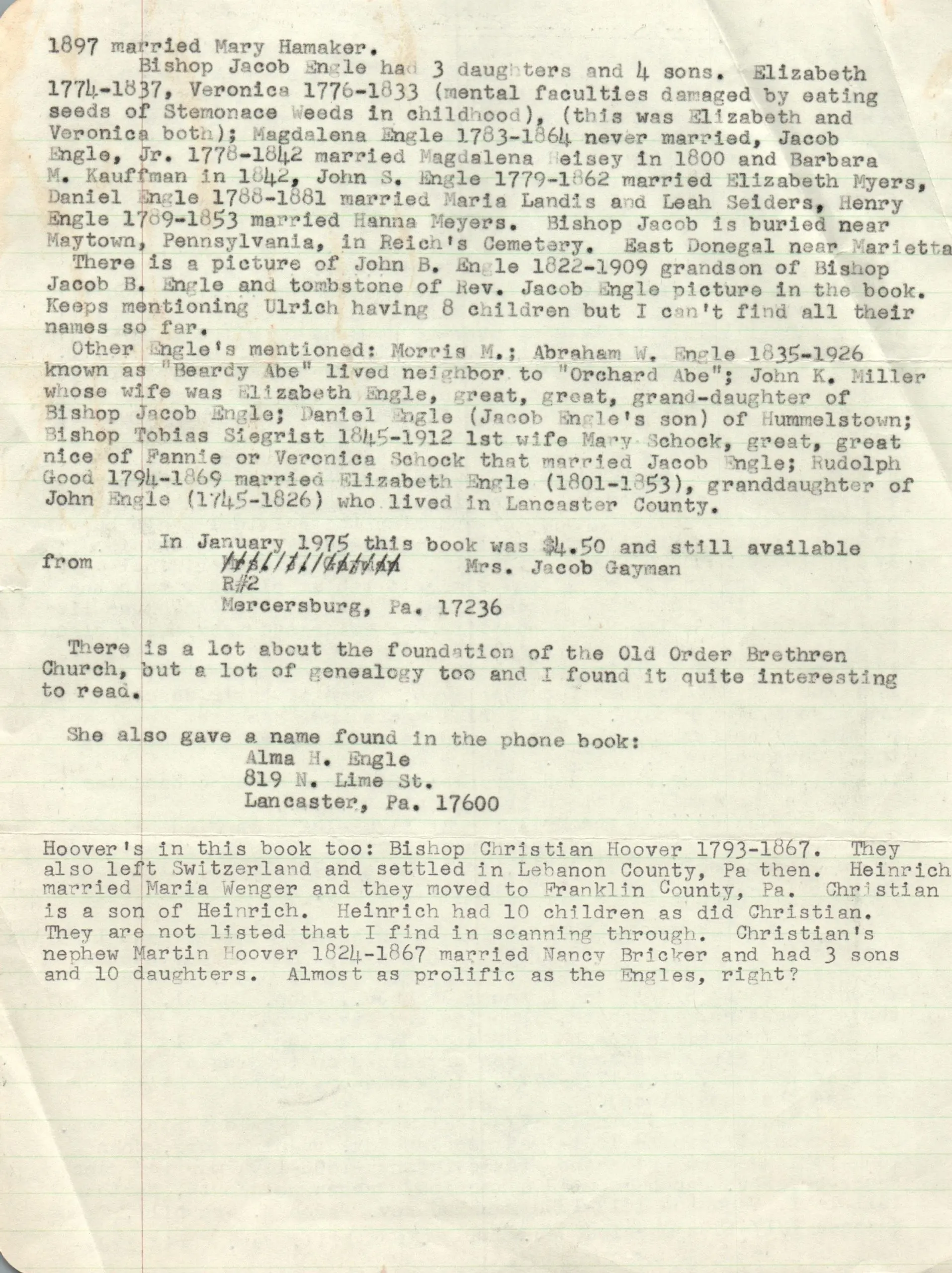 Engle Genealogy - Alice Wise 1800 Federal Census Notes Pg1