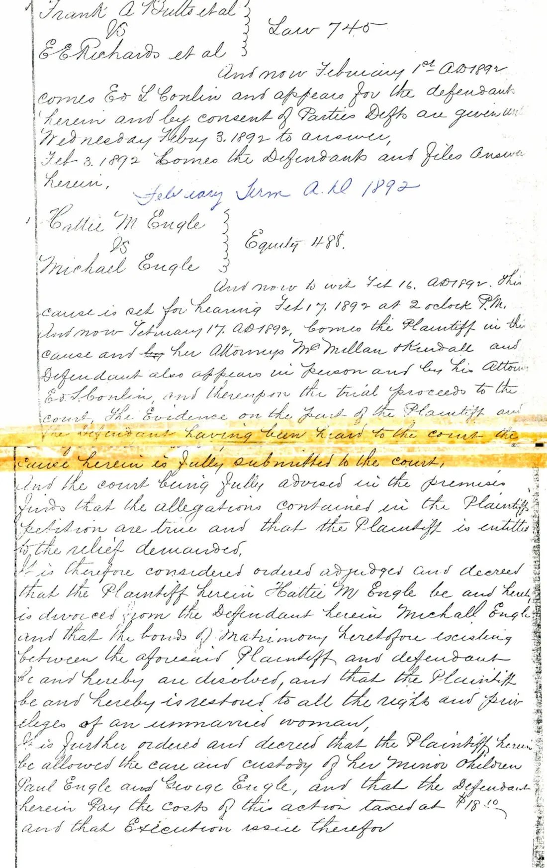 Engle Genealogy - Divorce Michael Engle and Hattie Hurst