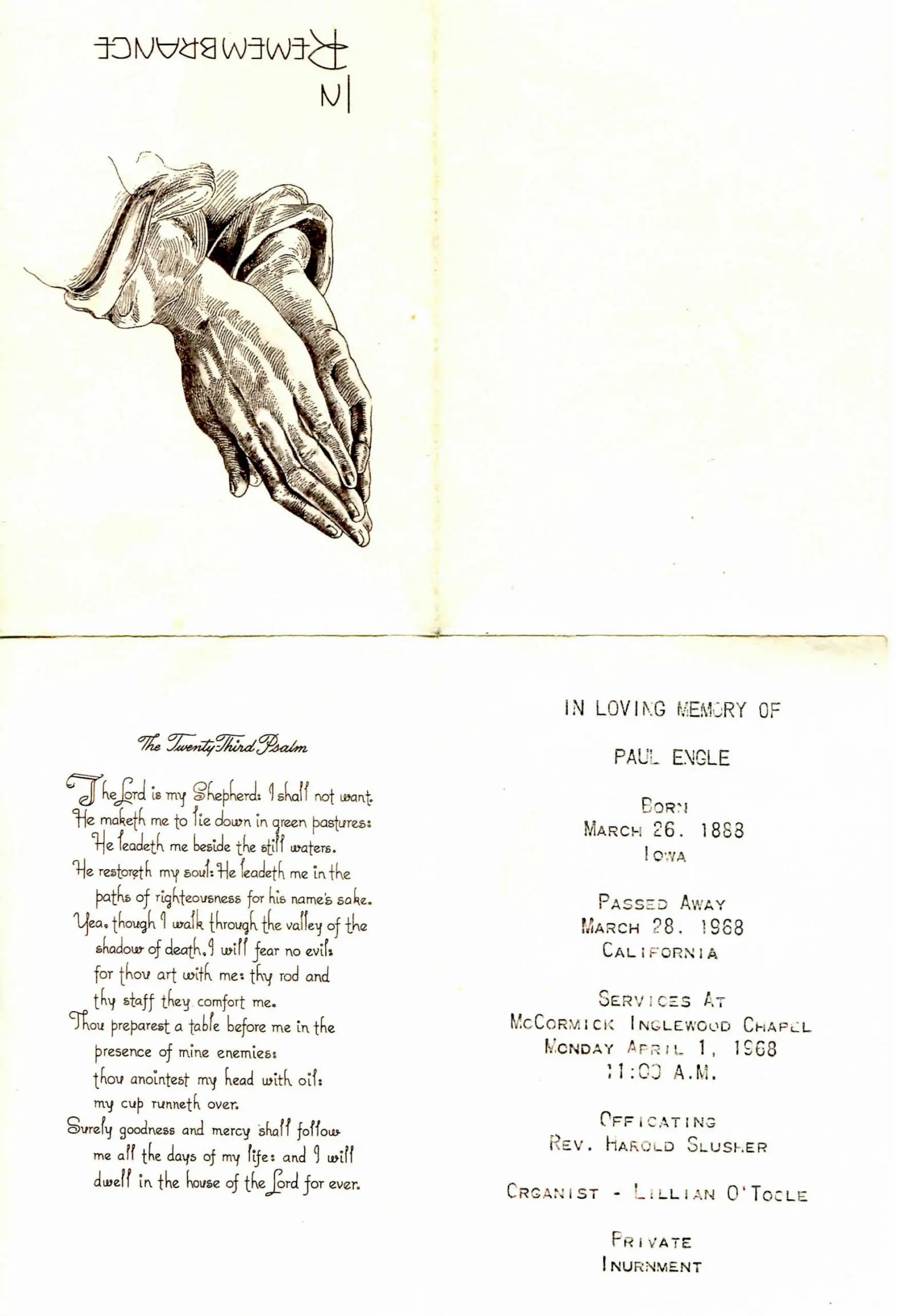 Engle Genealogy - Paul Leroy Engle Sr Memorial Card