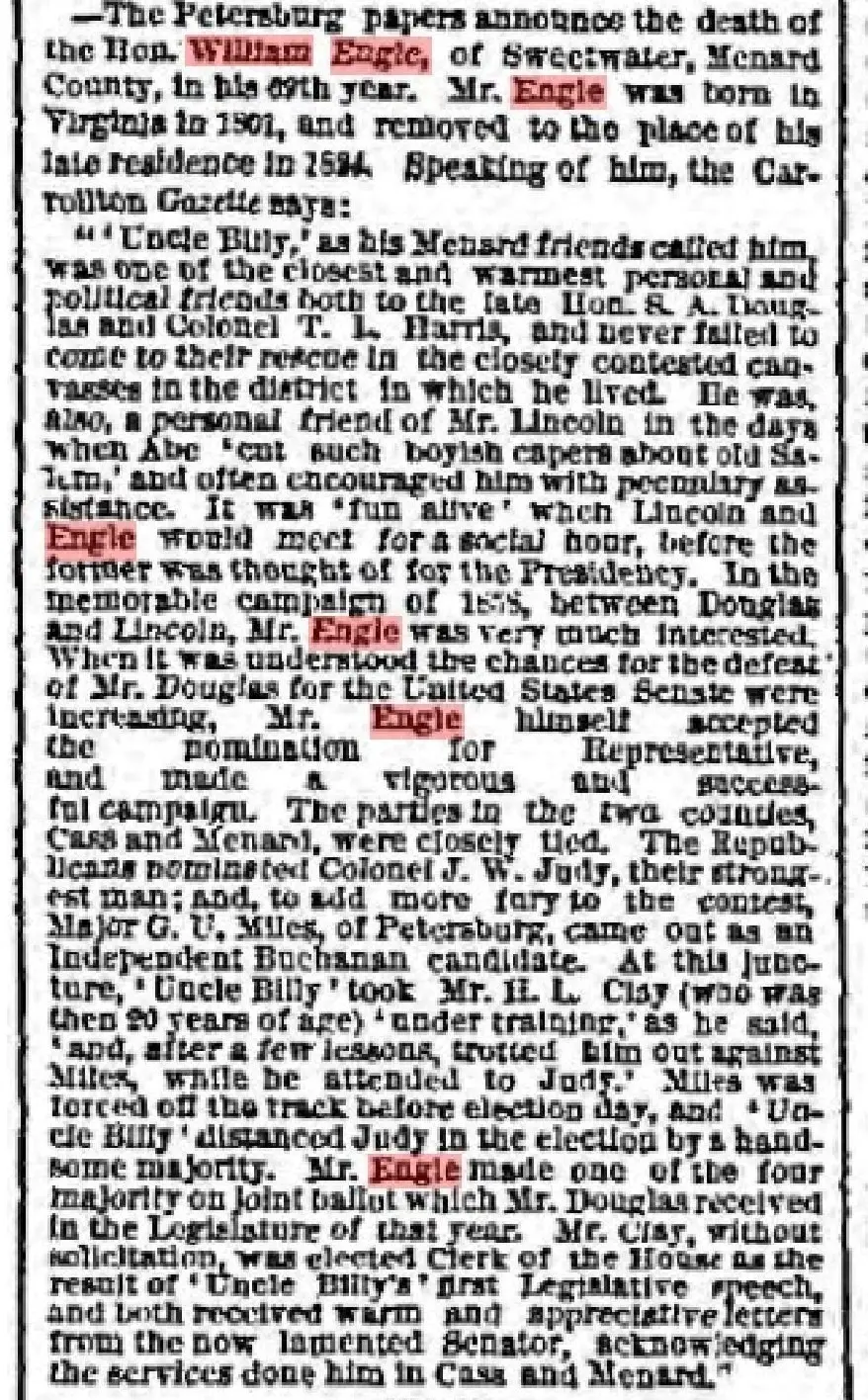 Engle Genealogy - William Engle Obit. Chicago Tribune Apr 1 1870