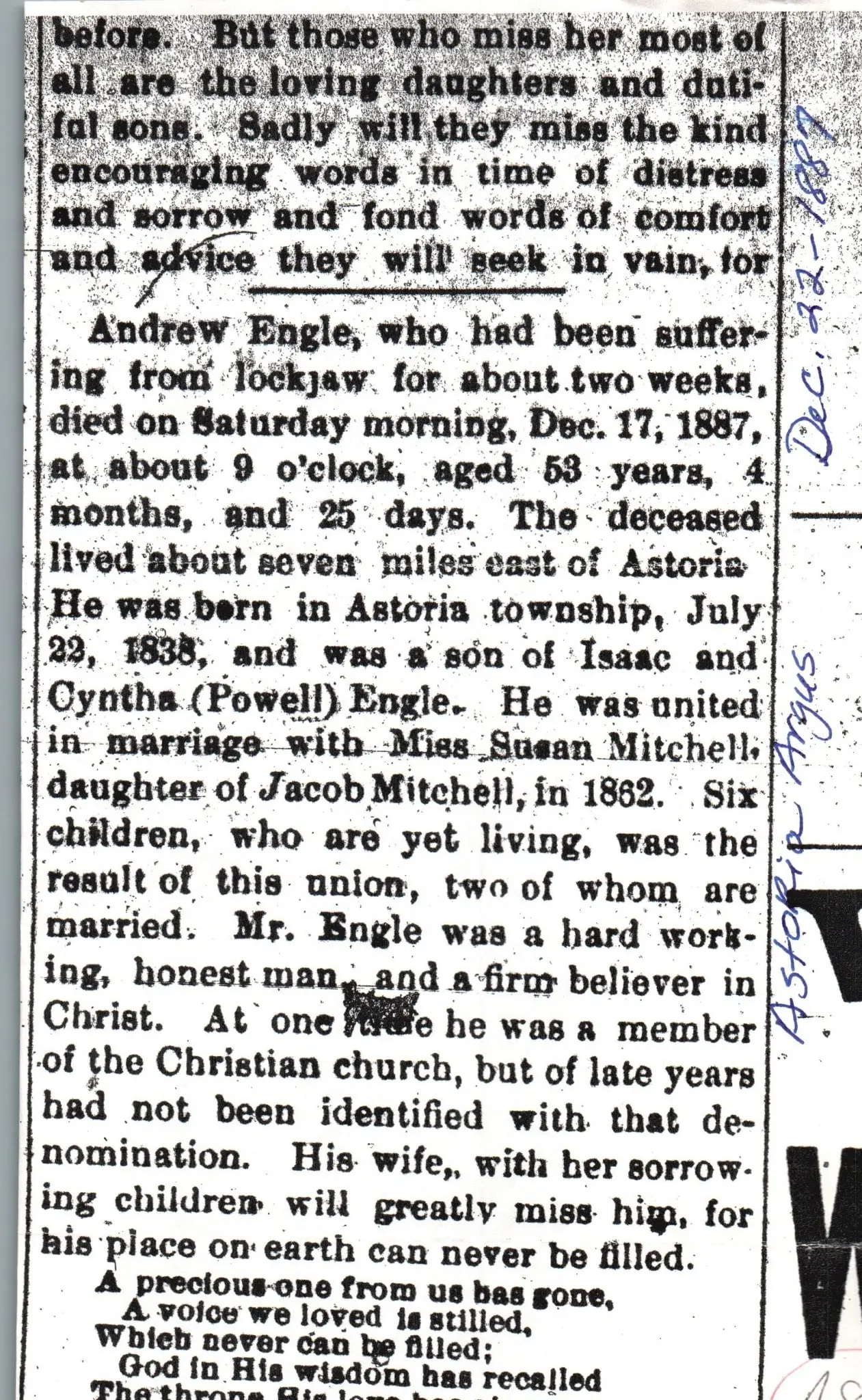 Engle Genealogy - Andrew Jackson and Susanna Mitchell