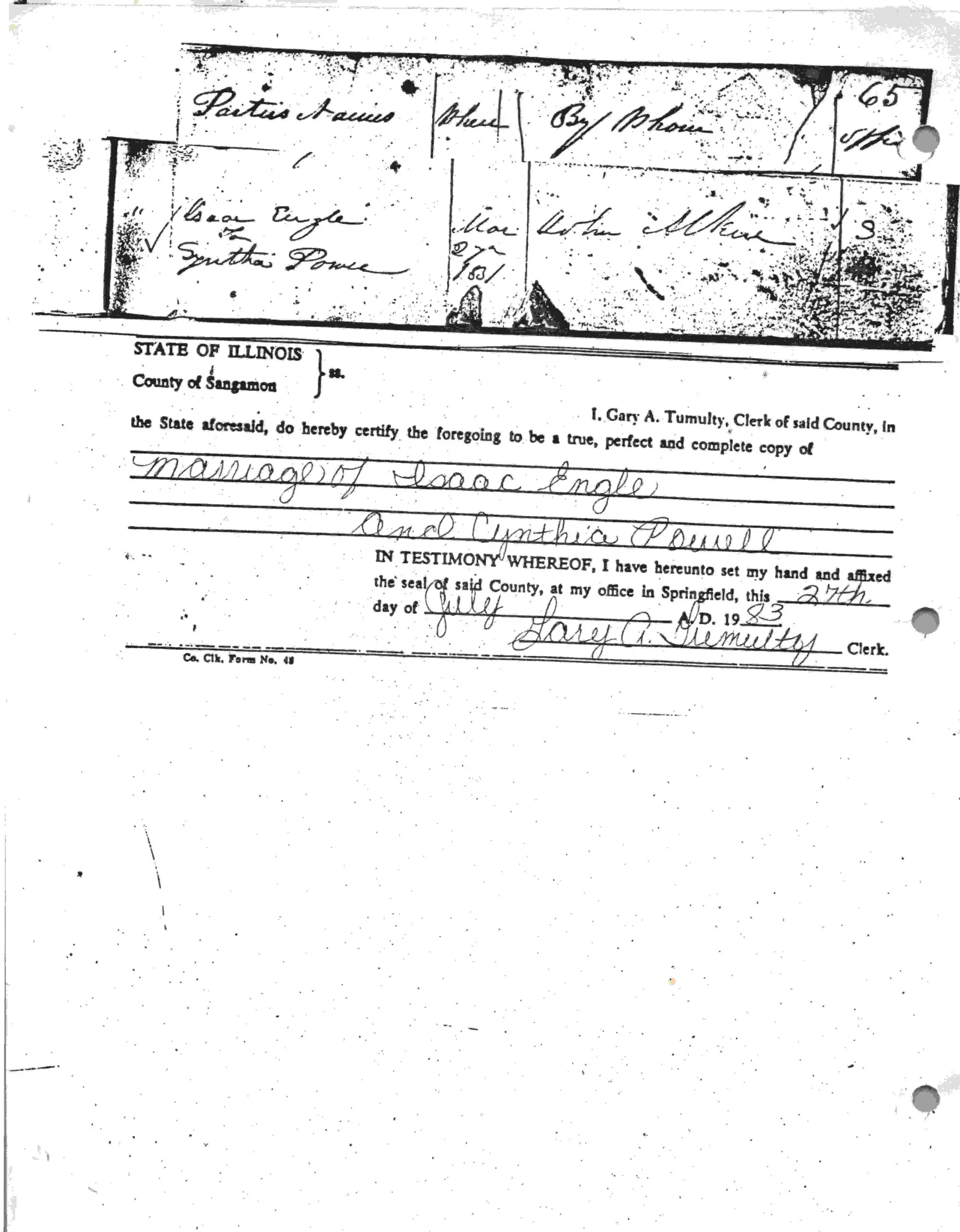 Engle Genealogy - Isaac and Synthia Marriage