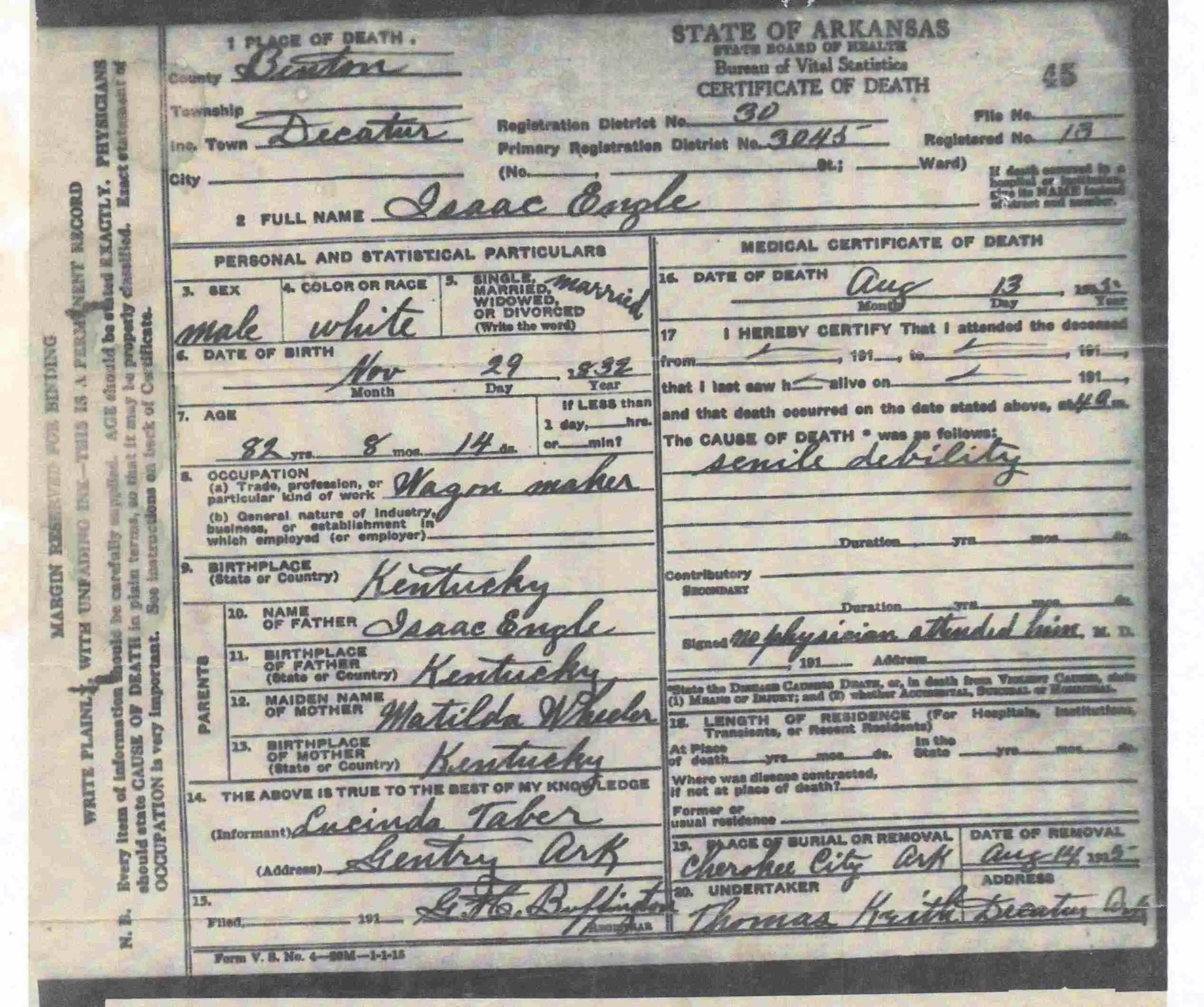 Engle Genealogy - Isaac Engle Jr Death Certificate