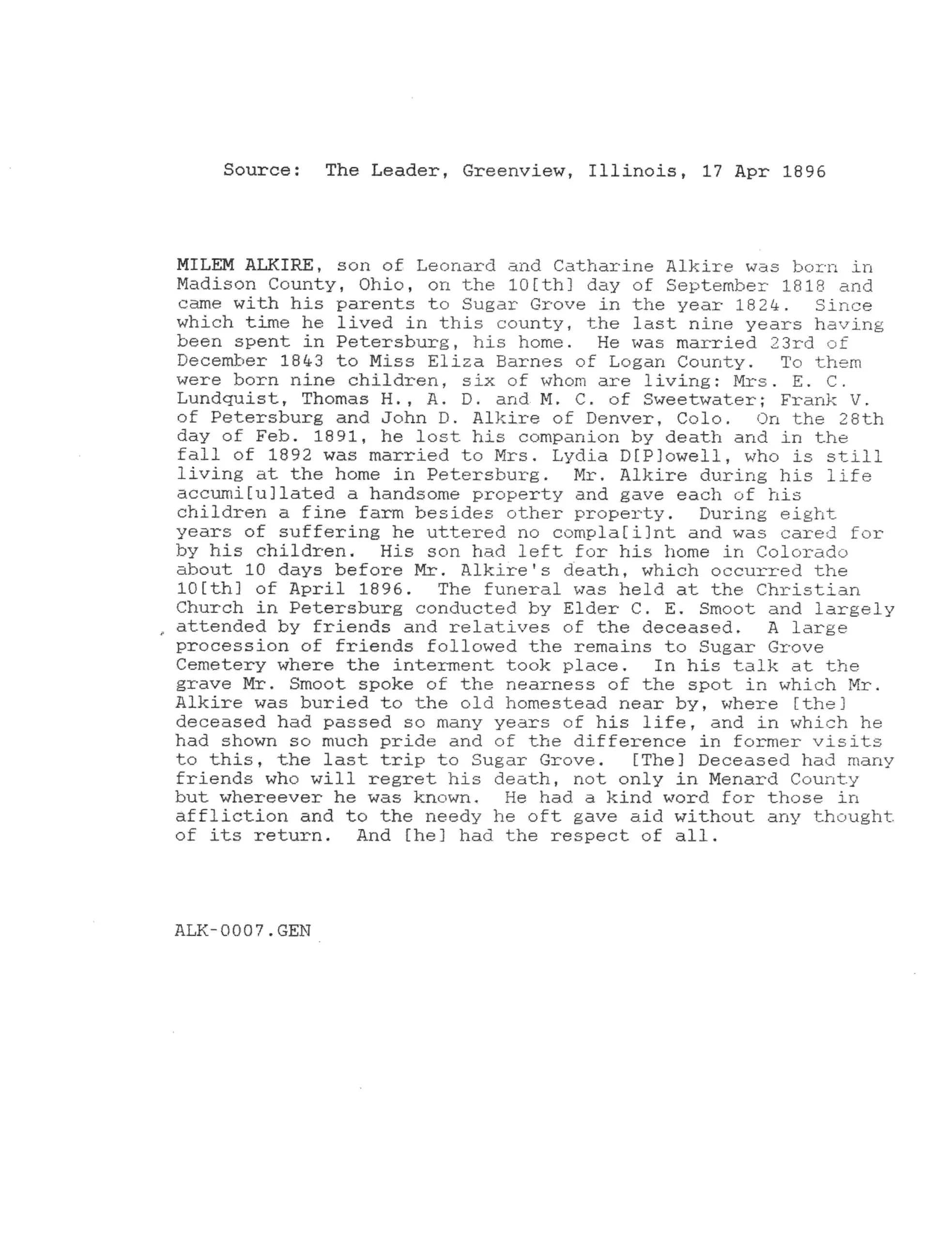 Engle Genealogy - Leland Engle Obituary