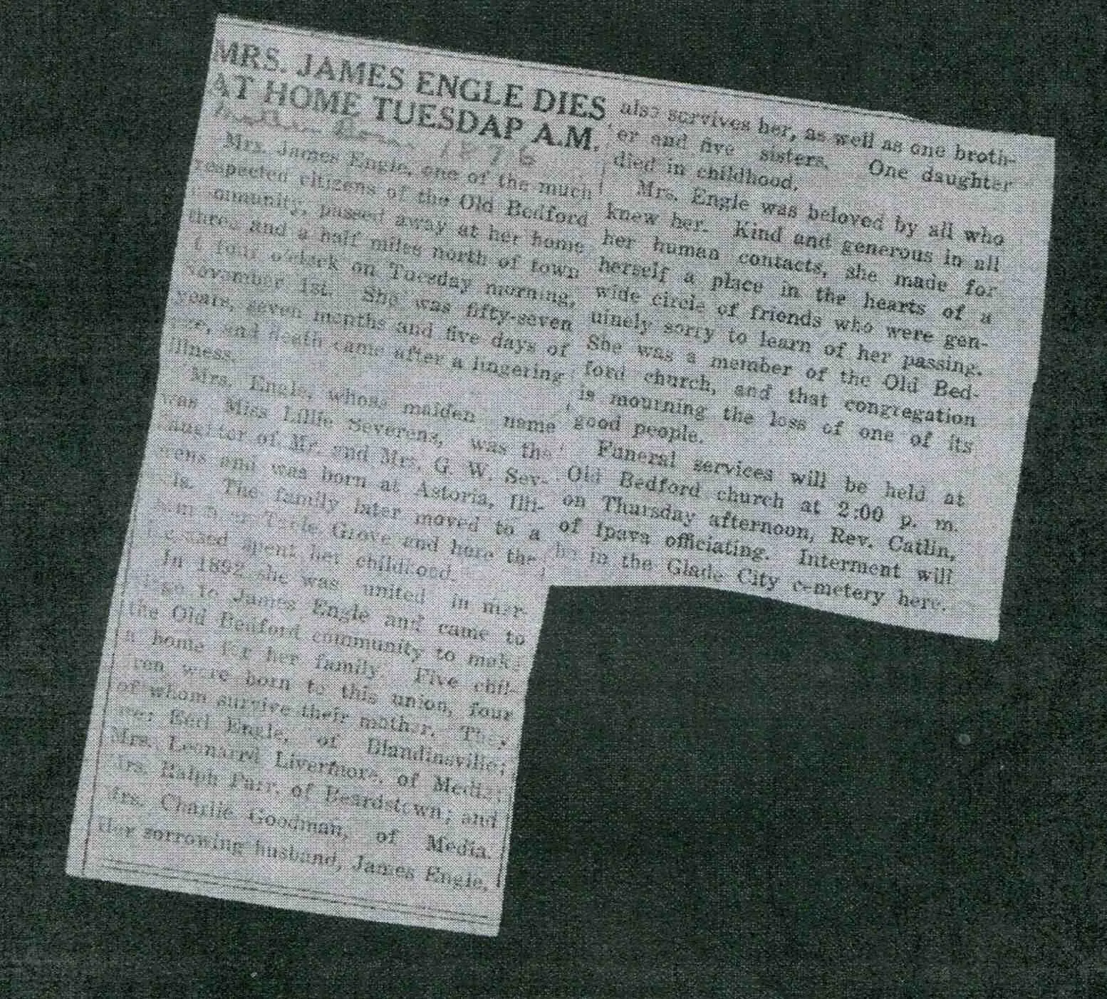 Engle Genealogy - Mrs James Engle Obit